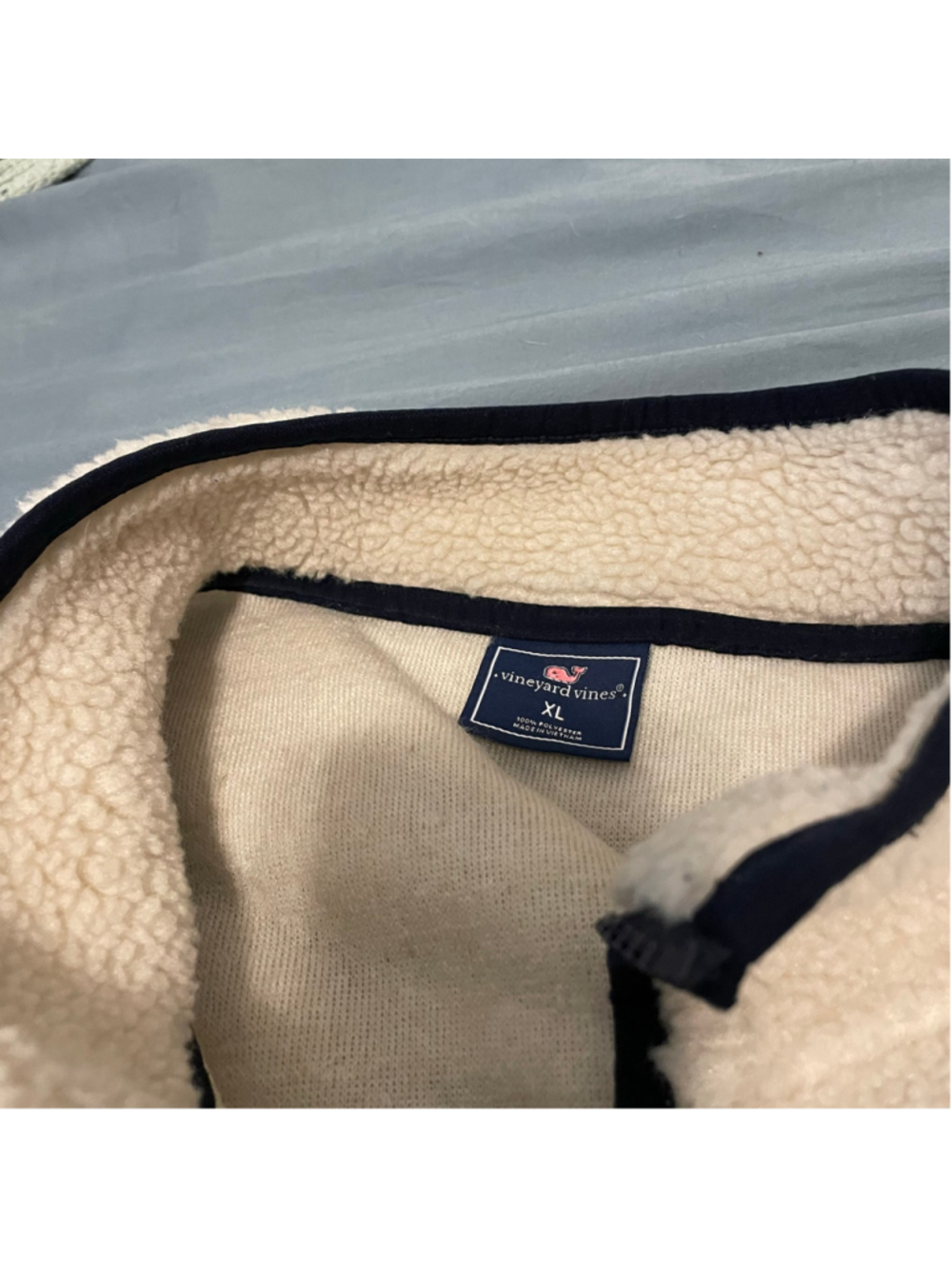 Men's Vineyard Vines Sherpa Fleece Vest XL Beige Navy Blue unisex utility - Picture 5 of 8